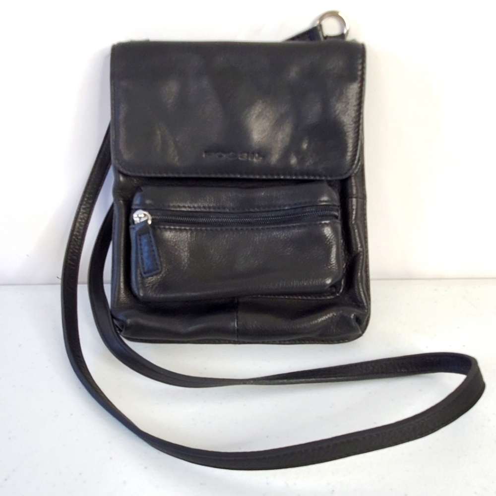Fossil Natural‎ Leather Mini Crossbody Soft Black Bag Retro Travel Lightweight